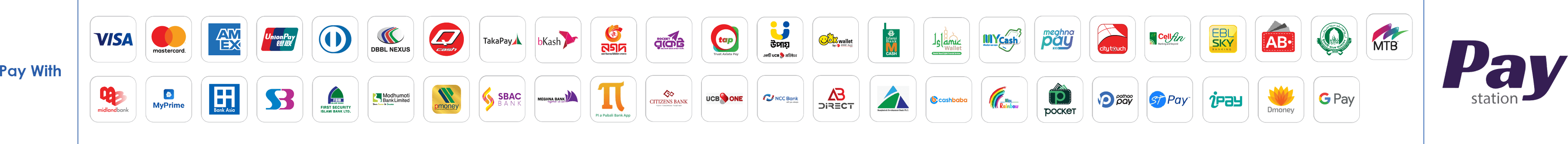 Accepted payment methods — Visa, Mastercard, American Express, bKash, Nagad, Rocket, Upay and 40+ Bangladeshi banks via PayStation